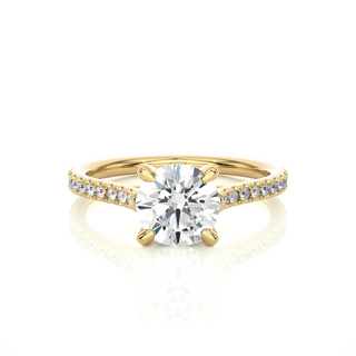 Front view of 1.50 Ct Round Moissanite Hidden Halo Engagement Ring In Yellow Gold, highlighting the brilliant center Moissanite stone.