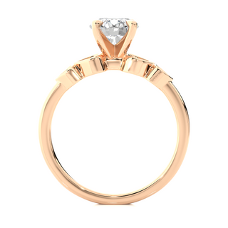 Side profile of Front view of 1.50 Ct Round Shape Moissanite Five Stone Engagement Ring In Rose Gold, highlighting the brilliant center moissanite stone., highlighting the prong setting.