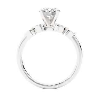 Side profile of 1.50 Ct Round cut Moissanite Five Stone Engagement Ring In Silver, highlighting the brilliant center moissanite stone., highlighting the prong setting.