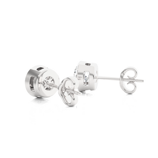 Angled view of 1 Carat Bezel Setting Moissanite Stud Earrings In Silver, showing shine and depth.