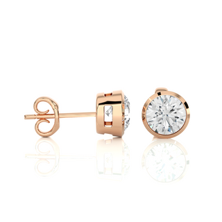 Side view of 1 Carat Bezel Setting Moissanite Stud Earrings in Rose Gold, showing the setting and how the stone is held.