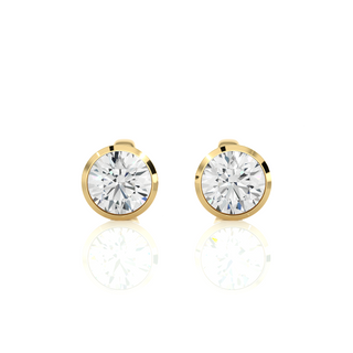 Front view of 1 Carat Bezel Setting Moissanite Stud Earrings in Yellow Gold, showing sparkle and smooth edges.