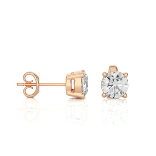 Side view of 1 Carat Four Prong Round Cut Moissanite Stud Earrings in Rose Gold, highlighting prong height and earring profile.