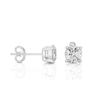 Side view of 1 Carat Four Prong Round Cut Moissanite Stud Earrings in White Gold, highlighting prong height and earring profile.