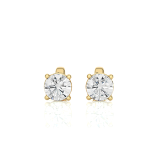 Front view of 1 Carat Four Prong Round Cut Moissanite Stud Earrings in Yellow Gold, with classic four-prong setting.