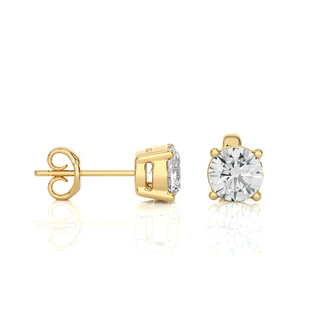 Side view of 1 Carat Four Prong Round Cut Moissanite Stud Earrings in Yellow Gold, highlighting prong height and earring profile.
