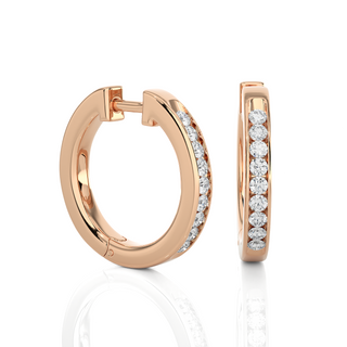 Side profile of 1 Carat Round Moissanite Channel Set Hoop Earrings In Rose Gold, highlighting the slim, elegant design.
