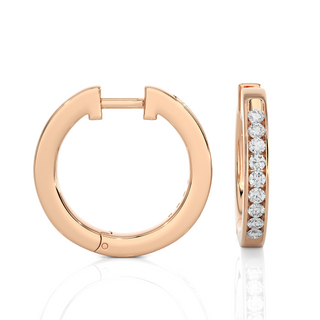 Side profile of 1 Carat Round Moissanite Channel Set Hoop Earrings In Rose Gold, highlighting the slim, elegant design.