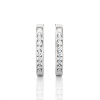 Front View of 1 Carat Round Moissanite Channel Set Hoop Earrings In Silver, shown from the front for full sparkle.