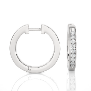 Side profile of 1 Carat Round Moissanite Channel Set Hoop Earrings In Silver, highlighting the slim, elegant design.