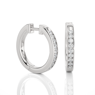 Side profile of 1 Carat Round Moissanite Channel Set Hoop Earrings In Silver, highlighting the slim, elegant design.