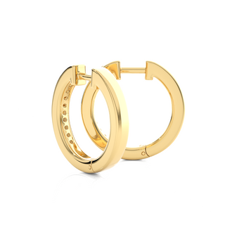 Angled view of 1 Carat Round Moissanite Channel Set Hoop Earrings In Yellow Gold, showing brilliance and curved shape.