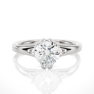 Front view of 1 Carat Round Moissanite Split Shank Solitaire Engagement Ring In Silver, highlighting the brilliant center moissanite stone.