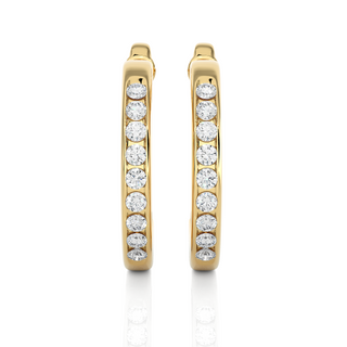 Front view of 1 Carat Round Shape Moissanite C-Hoop Earrings In Yellow Gold, showing full sparkle from aligned round stones.