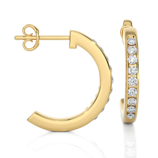 side view of 1 Carat Round Shape Moissanite C-Hoop Earrings In Yellow Gold with bend and some stones showing.