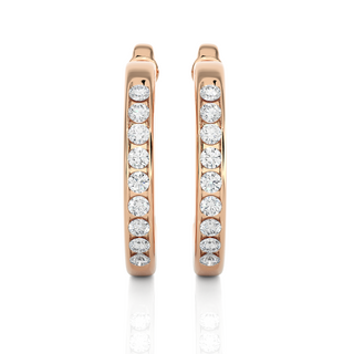 Front view of 1 Carat Round Shape Moissanite C Hoop Earrings In Rose Gold, showing full sparkle from aligned round stones.