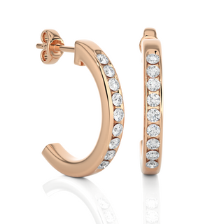 side view of 1 Carat Round Shape Moissanite C Hoop Earrings In Rose Gold with bend and some stones showing.