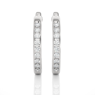 Front view of 1 Carat Round Shape Moissanite C Hoop Earrings In Silver, showing full sparkle from aligned round stones.