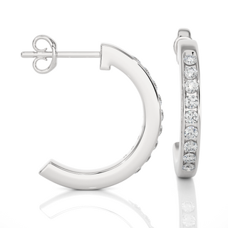 side view of 1ct round moissanite c hoop earrings in silver with bend and some stones showing.