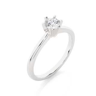Angled view of 1 Carat Six Prong Solitaire Moissanite Ring in White Gold, showcasing the band and setting.​