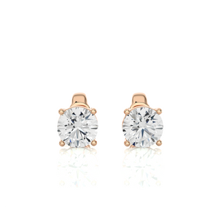 Front view of 1 Ct Basket Set Moissanite Stud Earrings In Rose Gold, with classic four-prong setting. with a classic four-prong setting.