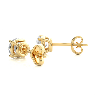Angled view of 1 Ct Basket Set Moissanite Stud Earrings In Yellow Gold, showing depth and radiant sparkle.