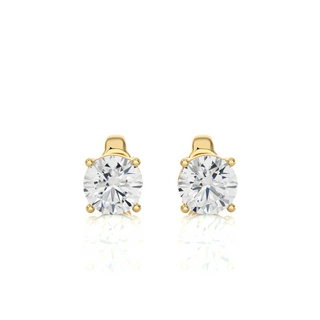 Front view of 1 Ct Basket Set Moissanite Stud Earrings In Yellow Gold, with classic four-prong setting. With a classic four-prong setting.