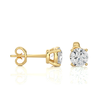Side view of 1 Ct Basket Set Moissanite Stud Earrings In Yellow Gold, highlighting prong height and earring profile.