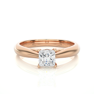 Front view of 1 Ct Princess Moissanite Solitaire Engagement Ring In Rose Gold, highlighting the brilliant center moissanite stone.
