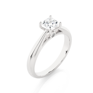 Angled view of 1 Ct Princess Moissanite Solitaire Engagement Ring In Silver, showcasing the band and setting.​