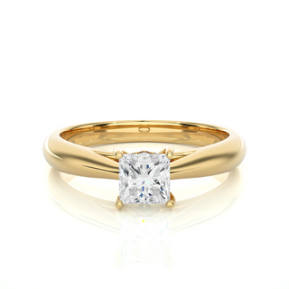 Front view of 1 Ct Princess Moissanite Solitaire Engagement Ring In Yellow Gold, highlighting the brilliant center moissanite stone.