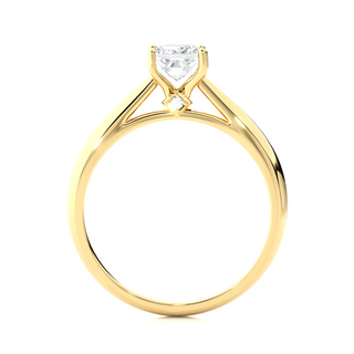 Side profile of 1 Ct Princess Moissanite Solitaire Engagement Ring In Yellow Gold, highlighting the prong setting.