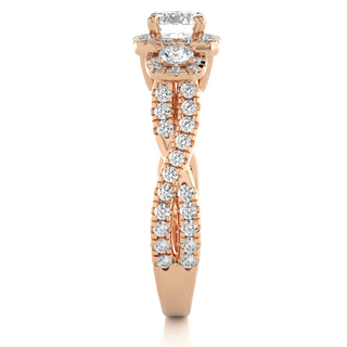 Side profile of 2.50 Ct Round Moissanite Three Stone Halo Engagement Ring In Rose Gold, highlighting the brilliant center moissanite stone., highlighting the prong setting.