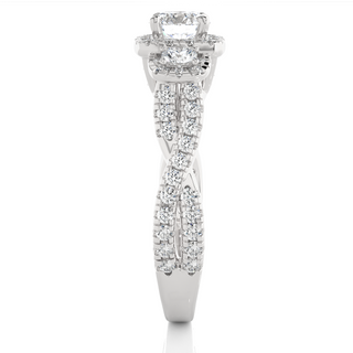 Side profile of 2.50 Ct Round Moissanite Three Stone Halo Engagement Ring In Silver, highlighting the brilliant center moissanite stone., highlighting the prong setting.
