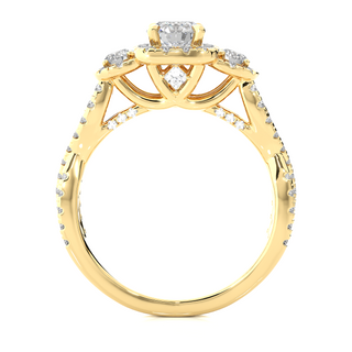 Side profile of 2.50 Ct Round Moissanite Three Stone Halo Engagement Ring In Yellow Gold, highlighting the brilliant center moissanite stone., highlighting the prong setting.