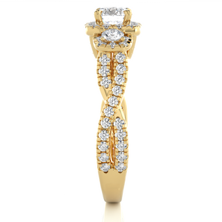 Side profile of 2.50 Ct Round Moissanite Three Stone Halo Engagement Ring In Yellow Gold, highlighting the brilliant center moissanite stone., highlighting the prong setting.