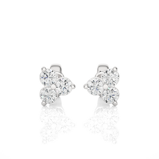 Front view of 2 Carat Round Cut Moissanite Three Stone Stud Earrings In Silver, showing full sparkle.