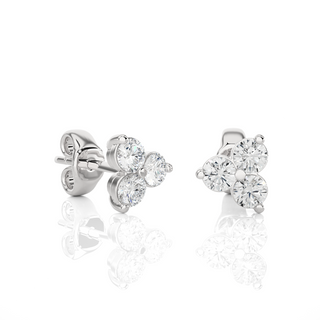 Side view of 2 Carat Round Cut Moissanite Three Stone Stud Earrings In Silver, showing depth and setting details.