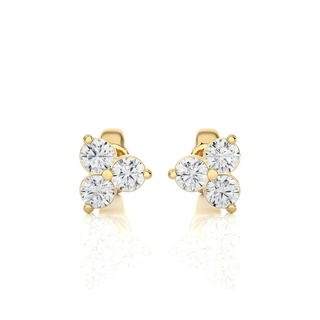 Front view of 2 Carat Round Cut Moissanite Three Stone Stud Earrings In Yellow Gold, showing full sparkle.
