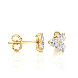 Side view of 2 Carat Round Cut Moissanite Three Stone Stud Earrings In Yellow Gold, showing depth and setting details.