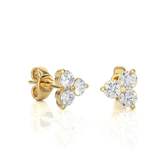 Side view of 2 Carat Round Cut Moissanite Three Stone Stud Earrings In Yellow Gold, showing depth and setting details.