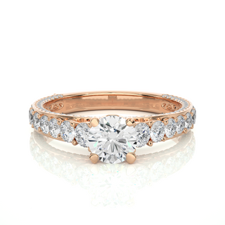 Front view of 2 Ct Bridge Set Moissanite Engagement Ring With Accent In Rose Gold, highlighting the brilliant center moissanite stone.