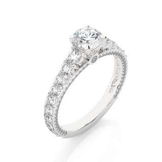 Angled view of 2 Ct Bridge Set Moissanite Engagement Ring With Accent In Silver, showcasing the band and setting.​