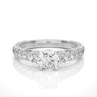 Front view of 2 Ct Bridge Set Moissanite Engagement Ring With Accent In White Gold, highlighting the brilliant center moissanite stone.