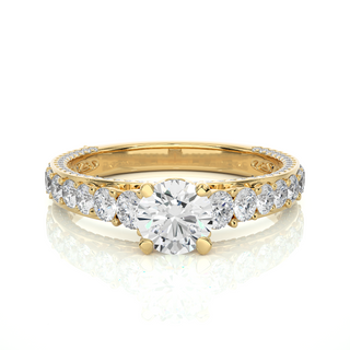 Front view of 2 Ct Bridge Set Moissanite Engagement Ring With Accent In Yellow Gold, highlighting the brilliant center moissanite stone.