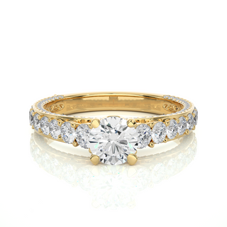 Front view of 2 Ct Bridge Set Moissanite Engagement Ring With Accent In Yellow Gold, highlighting the brilliant center moissanite stone.