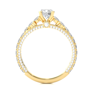 Side profile of 2 Ct Bridge Set Moissanite Engagement Ring With Accent In Yellow Gold, highlighting the prong setting.
