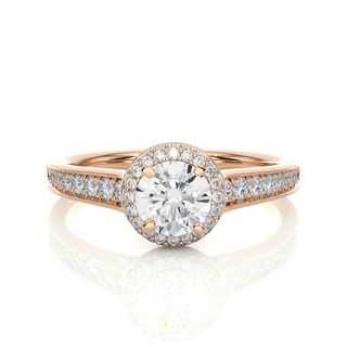 Front view of 2 Ct Round Cut Moissanite Halo Engagement Ring In Rose Gold, highlighting the brilliant center Moissanite stone.