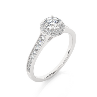 Angled view of 2 Ct Round Cut Moissanite Halo Engagement Ring In White Gold, showcasing the band and setting.​
