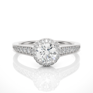 Front view of 2 Ct Round Cut Moissanite Halo Engagement Ring In White Gold, highlighting the brilliant center Moissanite stone.